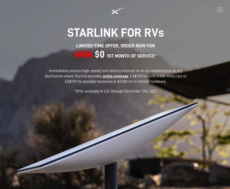starlink RVs free month